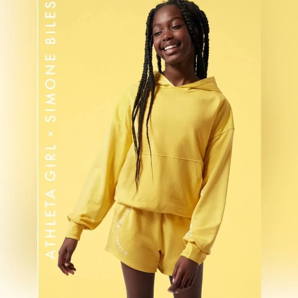 Athleta Girl x Simone Biles yellow Warm Up Midi sweatshirt shorts size 16.